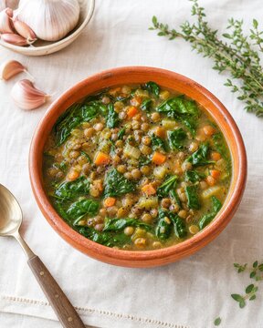 Green lentil soup with spinach, carrots, and herbs in a terracotta bowl