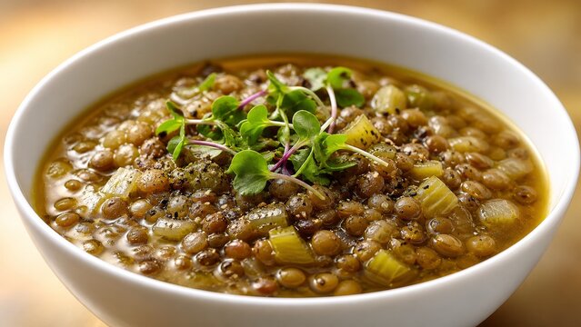 Close-up of hearty lentil soup topped with fresh microgreens