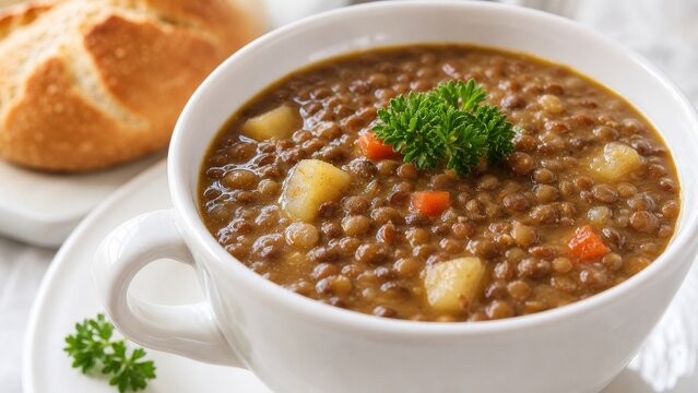 Hearty lentil vegetable soup served with bread in a white cup