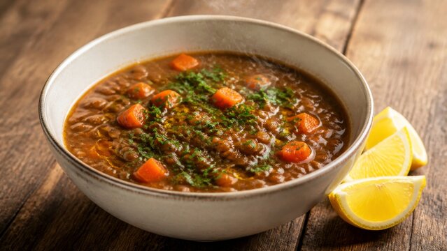 Lentil and vegetable soup with greens, carrots, and lemon wedges