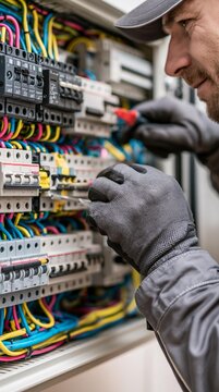 Electrician wearing heavy protective gloves working with tools inside a complex electrical fuse box panel.