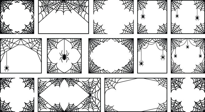 Set of Halloween spider web frames and borders with spooky black cobwebs for seasonal designs