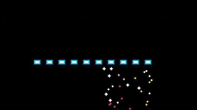 Retro pixel art space rocket launch loading animation. Cute metallic spaceship travels across a 10-segment progress bar with exhaust flames, smoke, and celebration confetti. Alpha transparent.