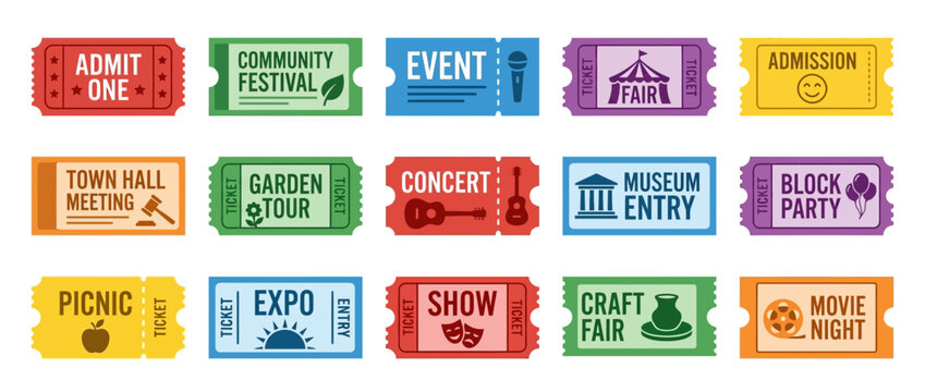 Collection of colorful event tickets for admission to various occasions like concerts, fairs, and parties.