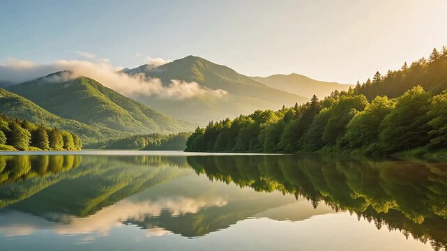 Mountain lake with forest and clouds