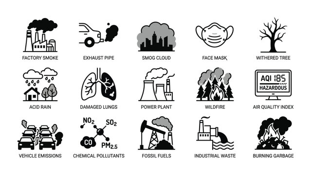 Black and white environmental pollution icons set