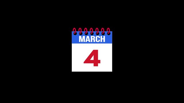 Daily Calendar Page Flip Animation from March 3 to March 4 with Page Turn Transition on Black Background. Day to day. date change concept