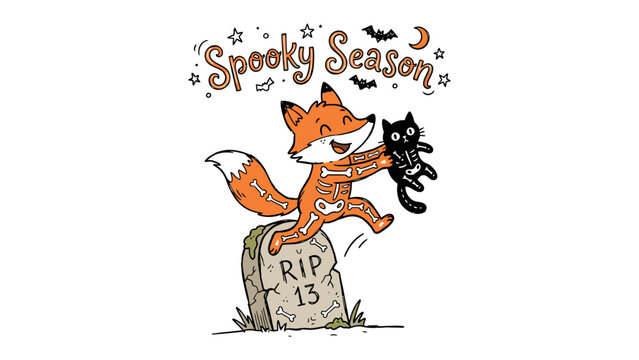 Spooky Season Fun: A playful fox in a skeleton costume leaps over a tombstone, holding a black cat, embodying the spirit of Halloween with festive bats and stars.