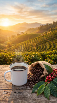 Coffee cup, beans, and fresh ripe coffee branch overlooking plantation at sunrise.