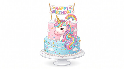Magical unicorn birthday cake with rainbow, clouds, and happy birthday topper © Aef