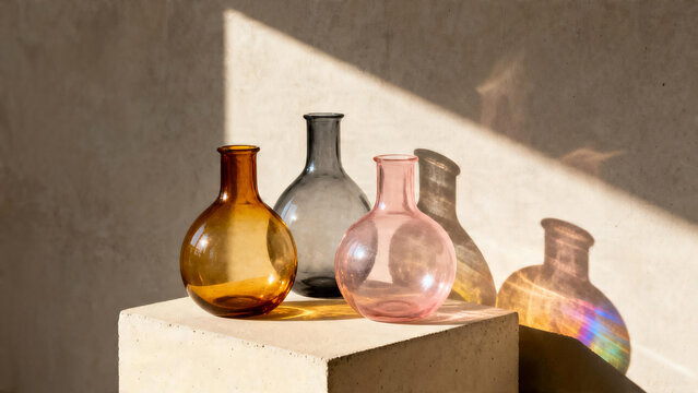Three minimal glass vases casting colorful overlapping shadows
