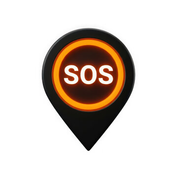 3d render of a black map location pin with a glowing orange sos sign isolated on transparent background