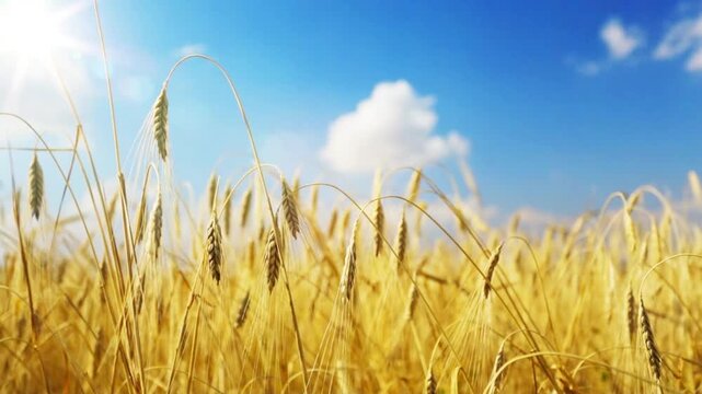 
Close up summer field of ripe golden wheat ears swaying in the wind against a blue sky with moving clouds. Wheat field for agriculture harvest 