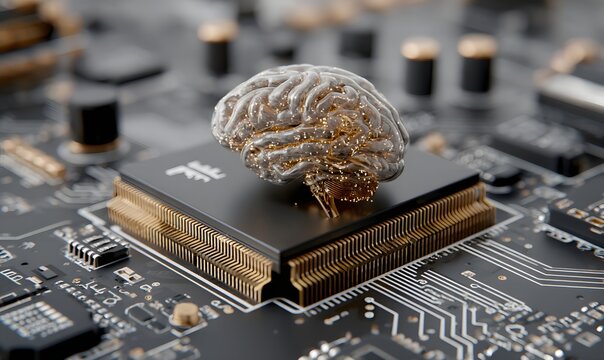 Artificial intelligence concept with a glowing digital brain resting on a computer processor.