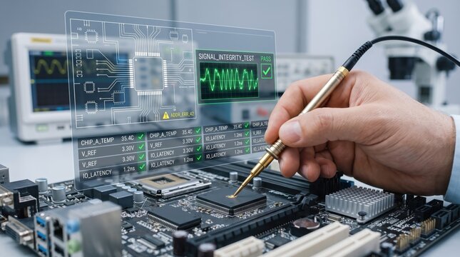 Engineer testing motherboard with holographic interface, signal integrity analysis and chip diagnostics in high tech laboratory environment for electronics engineering concept.