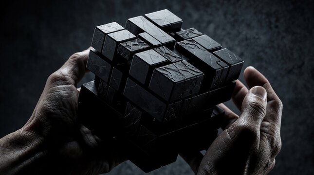 Human hands hold complex black cube with rough stone textures. Mysterious geometric puzzle object rests in palms against dark background. Concept of innovation, logical challenge, creative thinking,