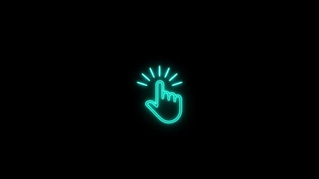 Glowing neon hand mouse cursor icon  on black background. Mouse pointer hand clicks icon animation. 4k video