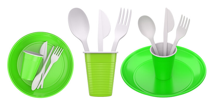 Set of plastic spoon, knife, and fork sets placed in plastic cups, isolated on white background, concept of disposable utensils