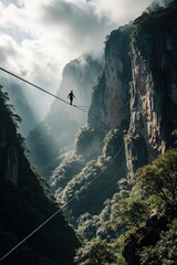 Fototapeta premium Man walks tightrope across misty canyon. High wire athlete balances high above forest peaks. Extreme danger and courage evident in solo performance.
