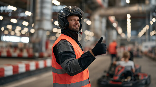Go-kart marshal in a fluorescent vest stands wide in an industrial warehouse track bay, guiding a young driver toward the pit lane beside painted safety barriers and heavy