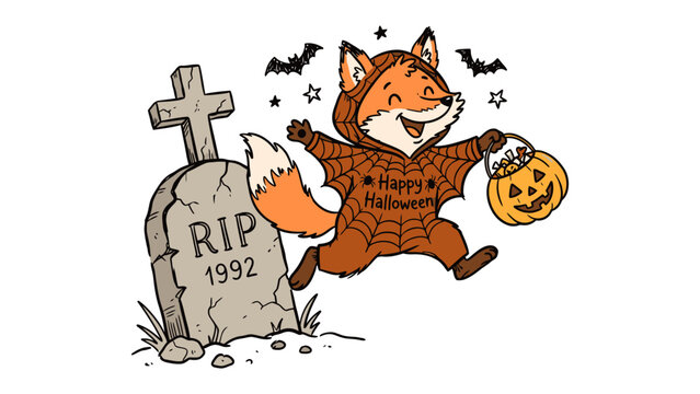 Happy Halloween Trick-or-Treater: A cute fox dressed in a bat-themed costume, carrying a pumpkin candy bucket, runs past a tombstone with RIP and a year. Three bats fly overhead.