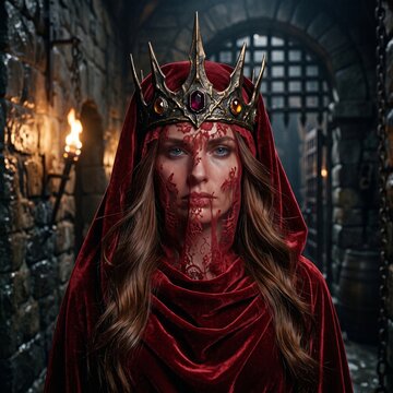 Mysterious Medieval Queen Wearing Golden Jeweled Crown and Red Velvet Hooded Cloak in Dark Stone Castle Passageway