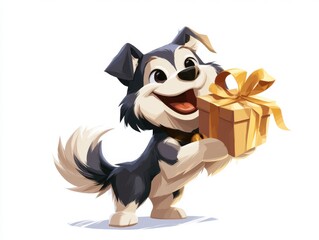 Naklejka premium Cartoon husky dog holding a wrapped gift box with bow