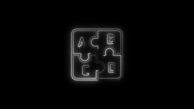 Neon puzzle pieces with abcd letters glowing animation