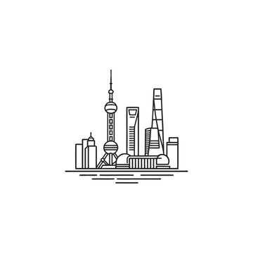 Shanghai city skyline vector graphic illustration with famous landmark towers