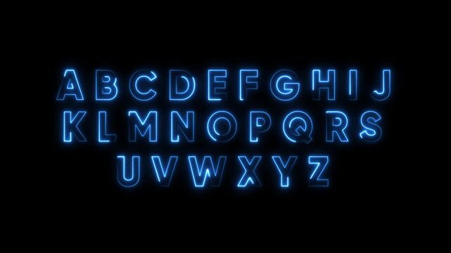 Animated neon alphabet glowing blue letters on black background