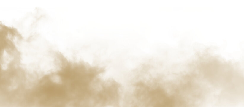 Dust, sand, soil, smoke cloud particles isolated on a clean transparent or white background. Brown sandstorm haze with dust explosion rising upward. Perfect design elements for compositing, overlays,