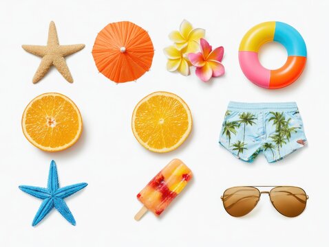 Colorful flat tropical summer vacation icons set