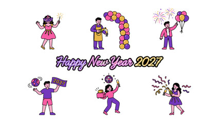 Fototapeta premium Happy New Year 2027 Celebration Illustrations: A collection of whimsical illustrations depicting various festive New Year's Eve activities, including fireworks, balloons, sparklers, and party poppers.