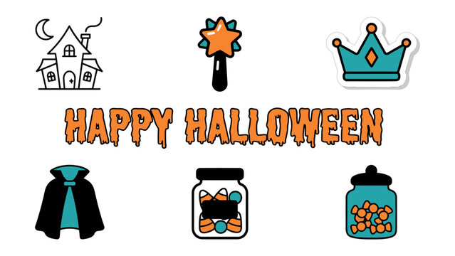 Happy Halloween Icons: A festive collection of hand-drawn Halloween-themed icons, including a haunted house, magic wand, crown, cape, candy jars, and the words Happy Halloween in a dripping font.