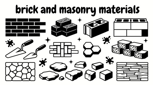 masonry building materials featuring clay bricks concrete blocks stone veneers mortar trowels paving bricks retaining blocks and wall construction components set for architecture engineering