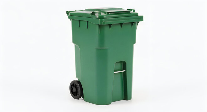 Green wheeled recycling bin with lid on white background