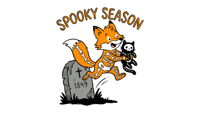 Spooky Season Fun: A cheerful cartoon fox, dressed as a skeleton, leaps joyfully with a black cat, near a tombstone, celebrating the fun and festive spirit of Halloween.