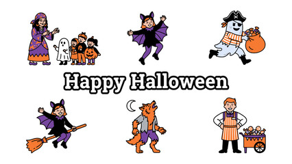 Fototapeta premium Happy Halloween Illustration: A collection of whimsical Halloween-themed illustrations featuring children in costumes, a werewolf, a ghost pirate, and other festive characters.
