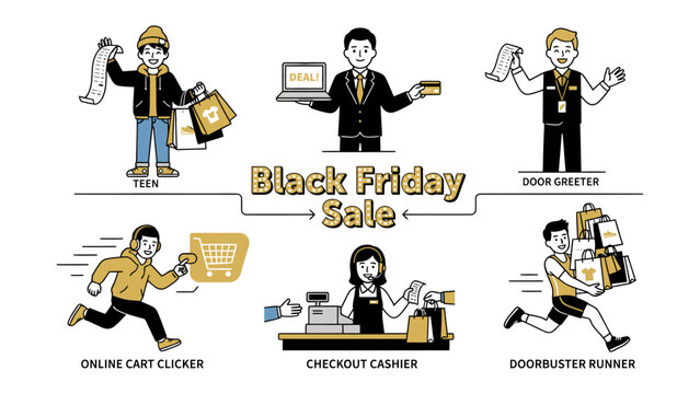 Black Friday Sale Frenzy: A graphic illustration depicting the excitement and diverse activities associated with a Black Friday sale, including online shopping, checkout, and doorbuster rushes.