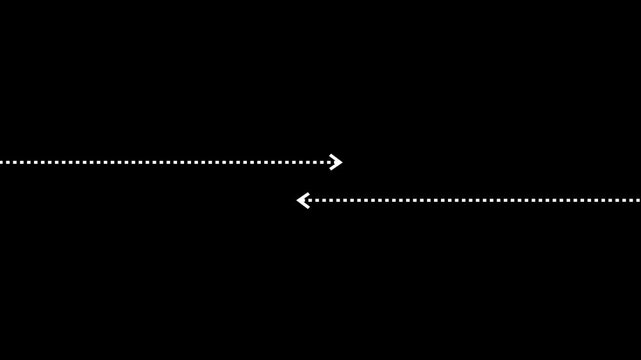 Minimalist white dotted horizontal arrows animation showing opposite directional movement and data flow path on a clean solid black background for video overlay.