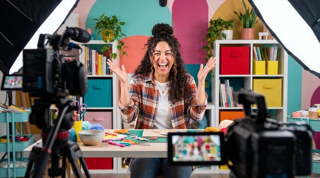 Excited Content Creator Filming Craft Tutorial in Colorful Studio