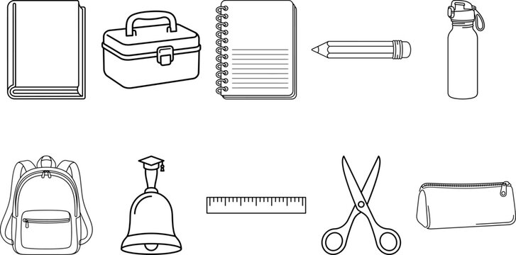black and white line drawings of school supplies
