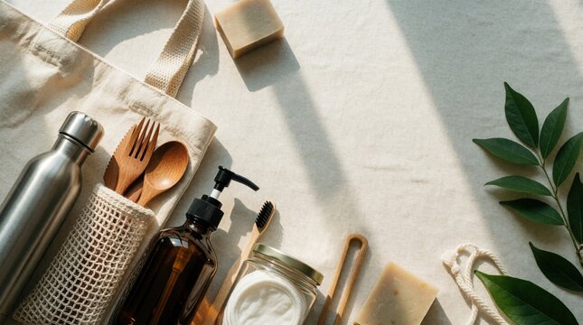 Zero waste items arranged flat lay. Includes reusable bottle, bamboo cutlery, soap, toothbrush, cotton pads. Natural eco-friendly products for sustainable living, with copy space.