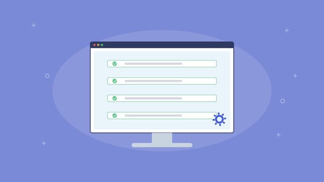 robotic process automation with tasks completing on a screen, indigo color scheme