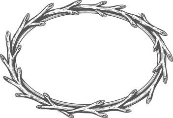 Obraz premium Oval frame made of intertwined bare branches with small buds, hand drawn botanical border