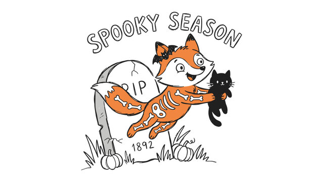 Spooky Season Fox and Black Cat: A charming fox dressed as a skeleton, with bones visible, joyfully embraces a black cat near a tombstone labeled RIP, celebrating the spooky season.
