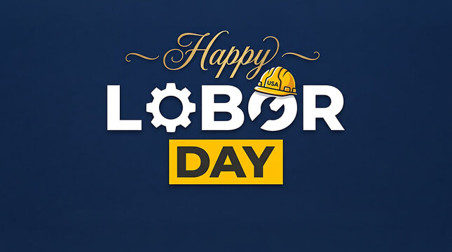 Happy labor day greeting card design featuring industrial gear icons and a yellow construction hard hat graphic