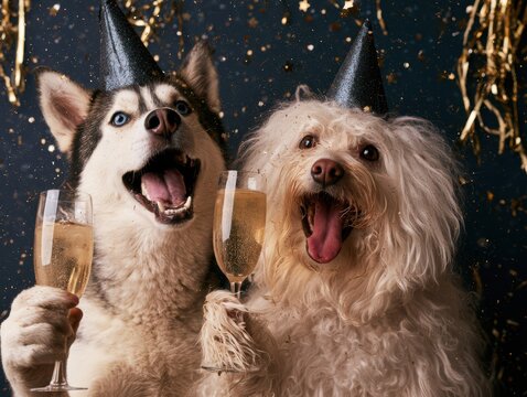 Two happy dogs holding ice cream cones outdoors