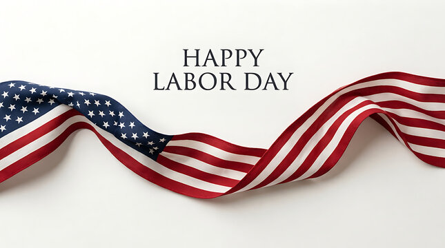 Happy labor day greeting card with a waving american flag ribbon isolated on a clean white background