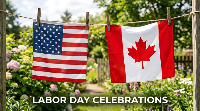 American and canadian flags hanging on a clothesline in a sunny summer garden for labor day celebrations